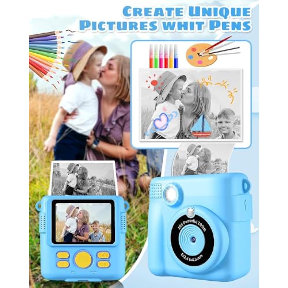 YKSLEMON Kids Instant Print Camera - 1080P Digital Camera with 32GB SD - Blue
