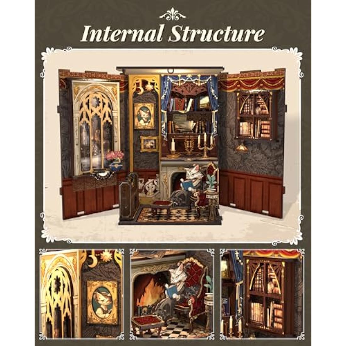CUTEBEE DIY Book Nook Kit – Count Cat's Study 3D Wooden Puzzle Model