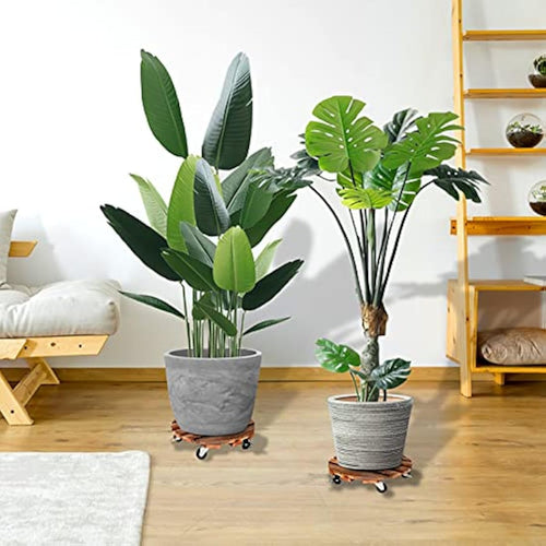 2-Pack Wooden Plant Caddy | 12" Rolling Plant Stand with Wheels