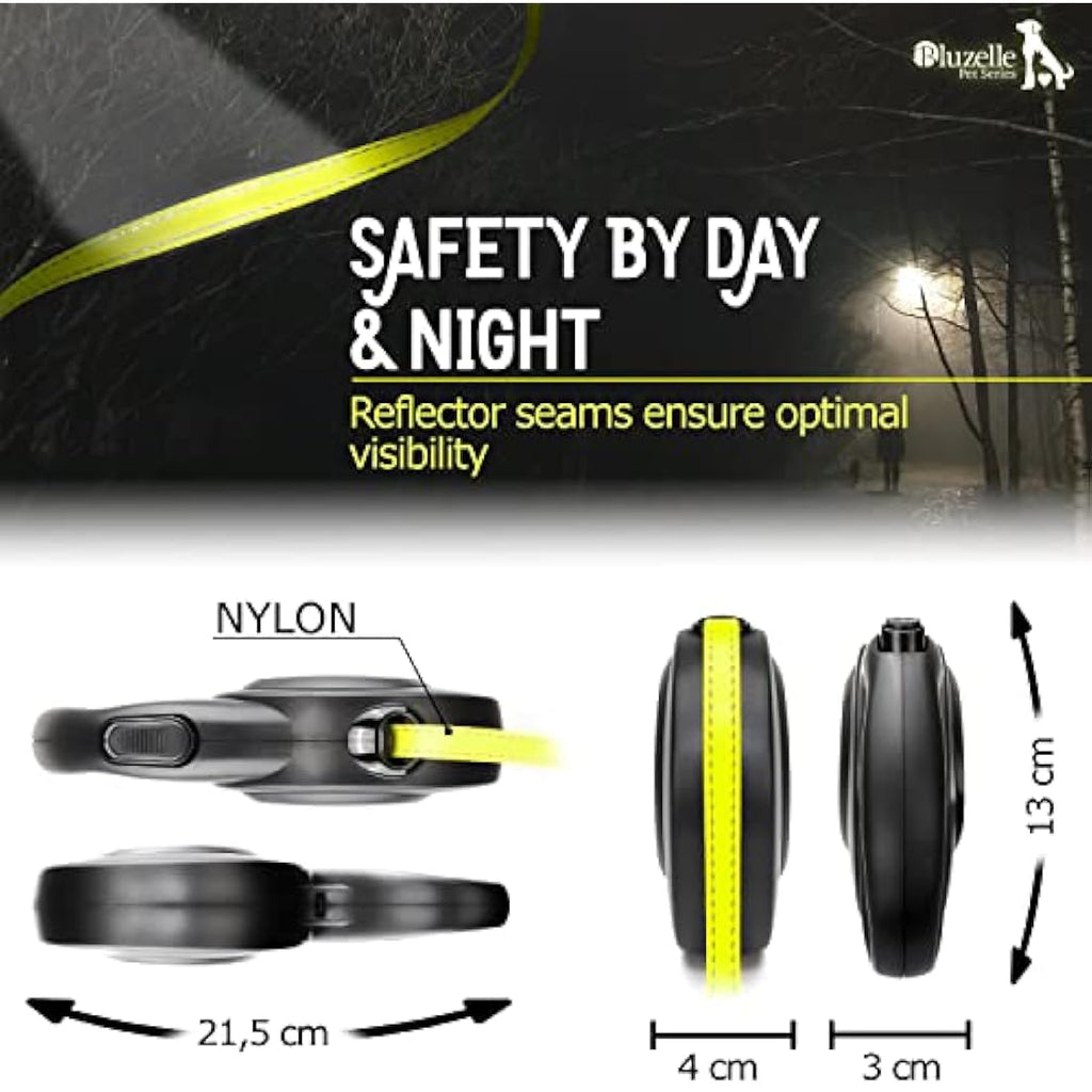 Bluzelle 8m Retractable Dog Leash – Reflective Neon Nylon for Dogs up to 50kg