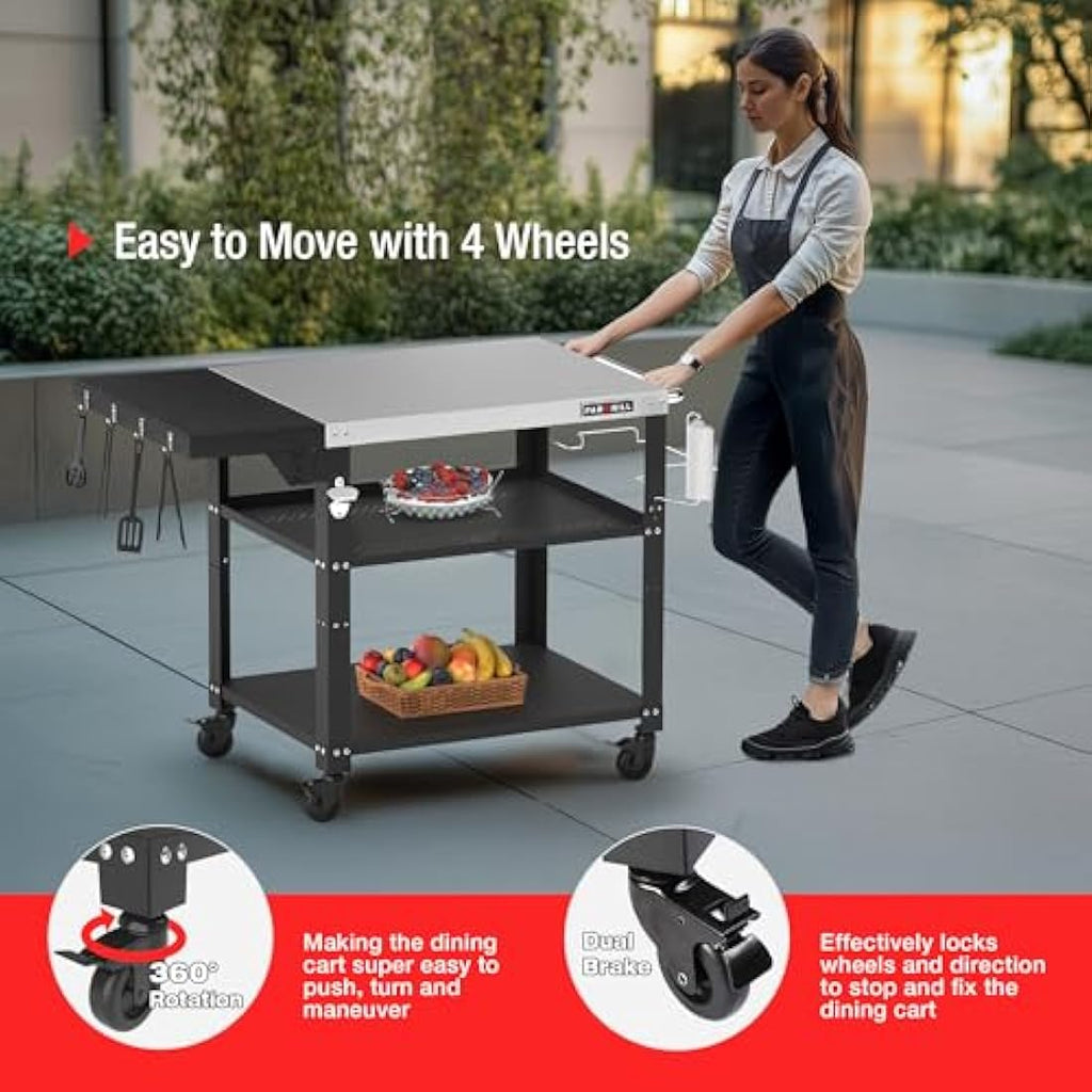 Jolof Store 3-Tier Outdoor Grill Dining Cart | Stainless Steel Prep Table