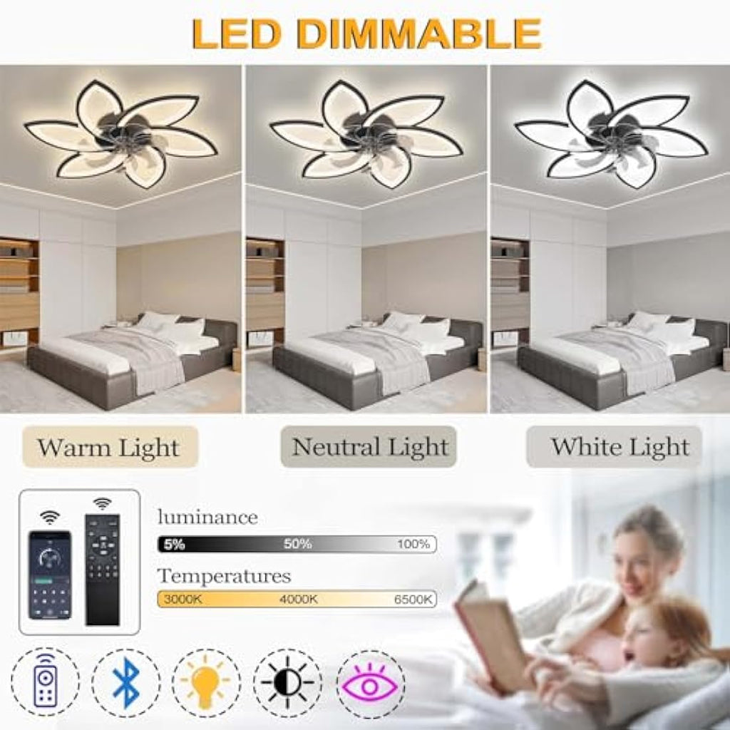 YUNZI Modern Petal Ceiling Fan with Dimmable LED Light and Remote – 78CM