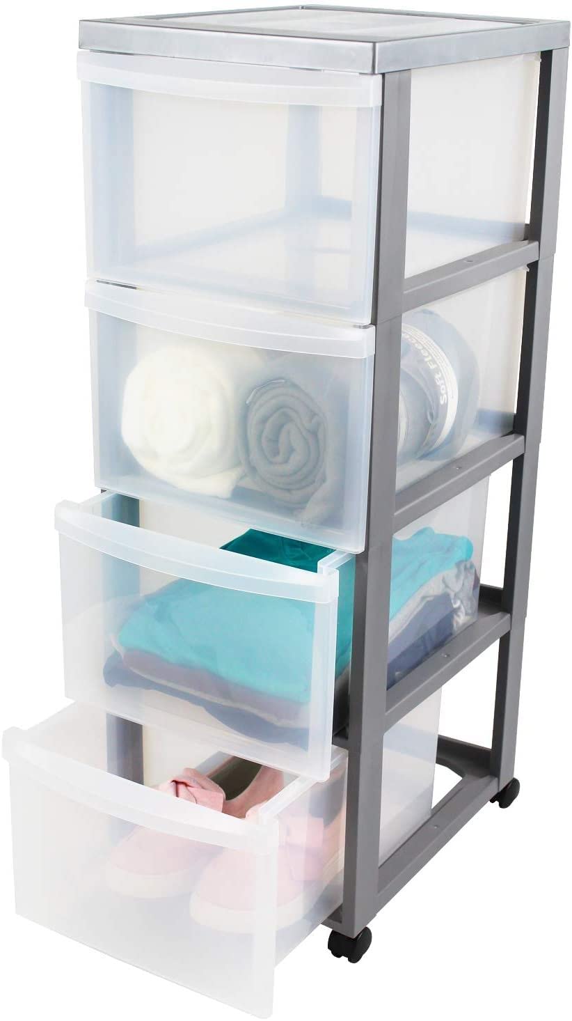 Iris Ohyama 4-Drawer Plastic Storage Tower with Wheels | A4 Silver Organiser