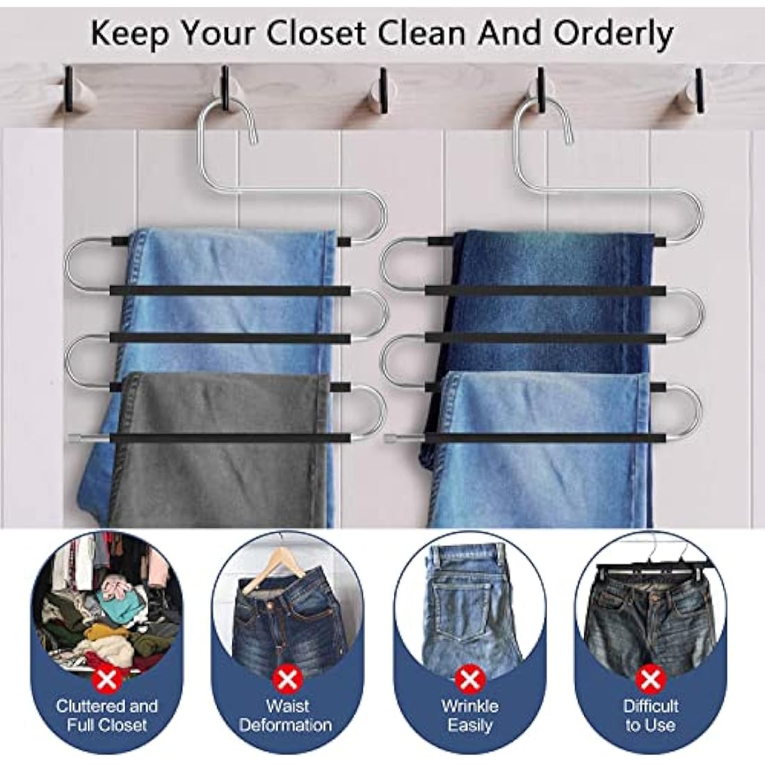 Skroad 10-Pack S-Type Stainless Steel Pants Hangers, Space Saving Organizers
