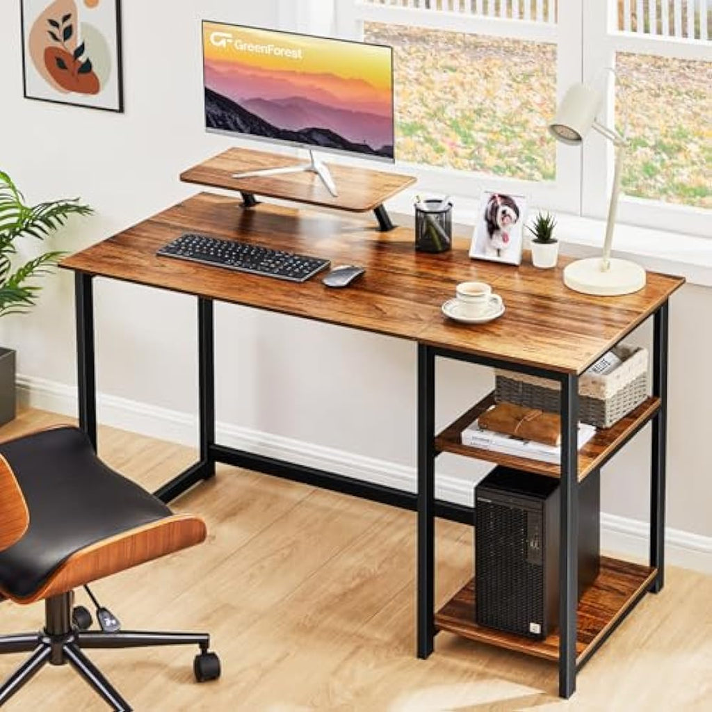 Jolof Store Computer Desk with Monitor Stand and Shelves – Brown