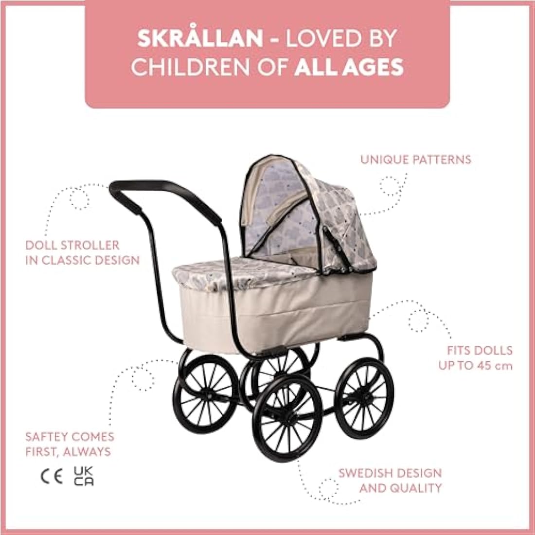 Skrållan Classic Doll Pram – Sturdy Swedish Design Toy Stroller for Dolls