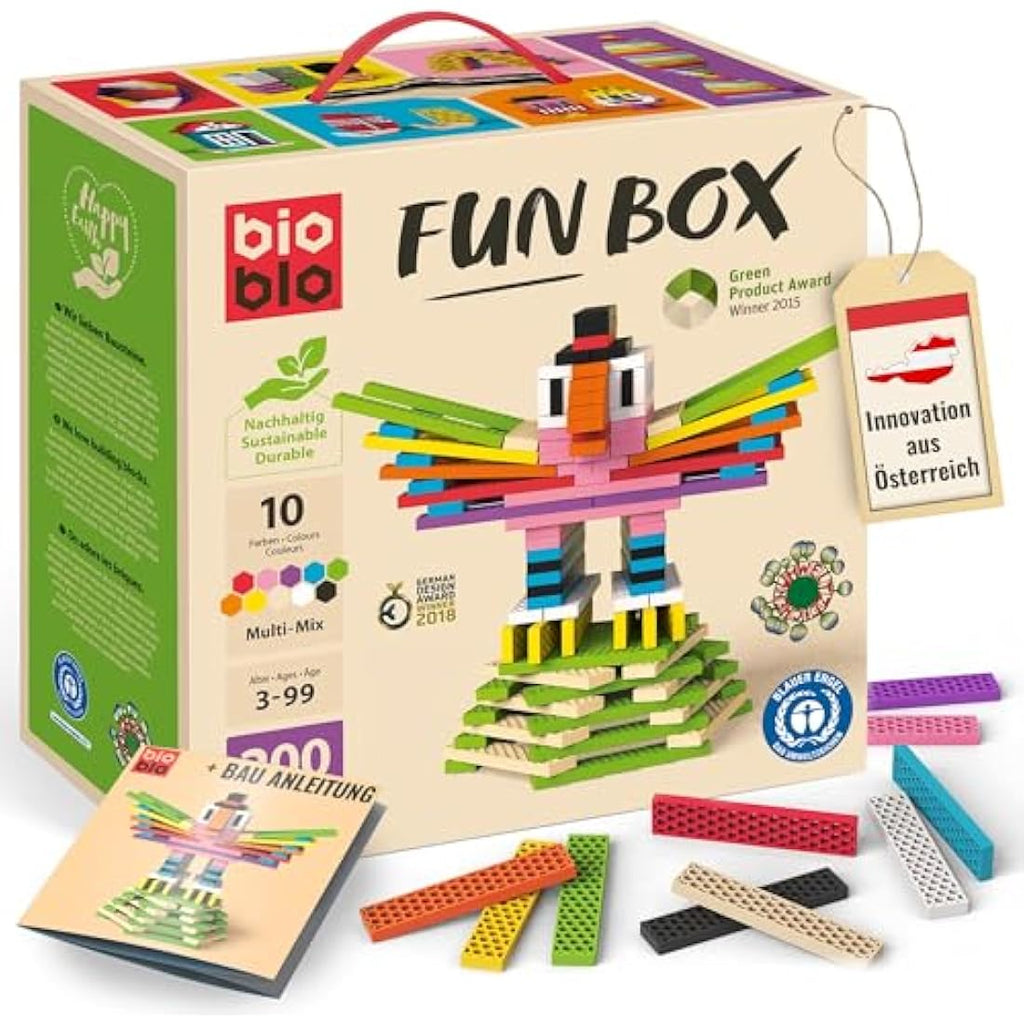 Bioblo Sustainable Wooden Building Blocks | 200 Piece Multi Mix Fun Box