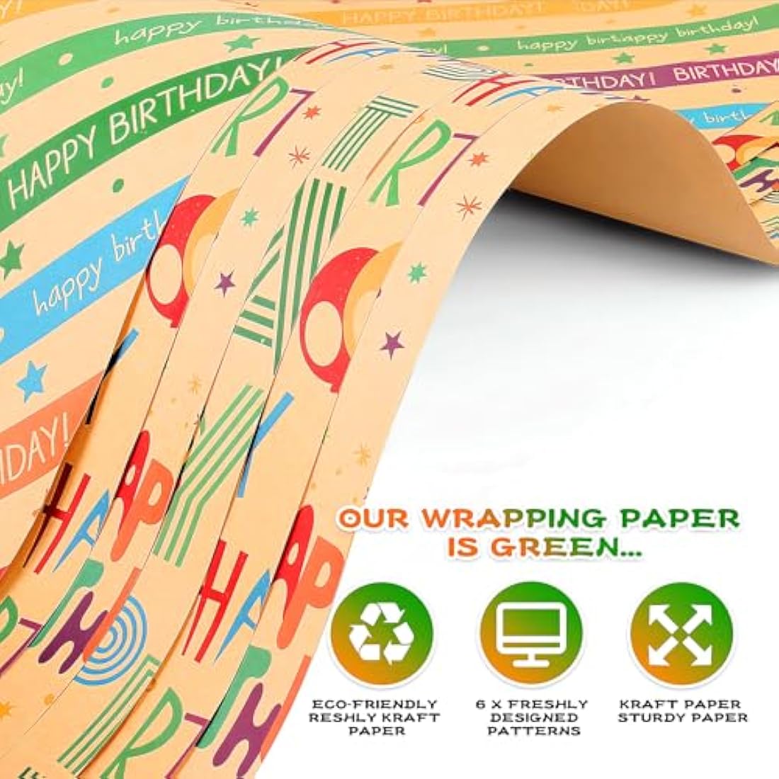 Kraft Birthday Wrapping Paper Set | 5 Eco-Friendly Sheets