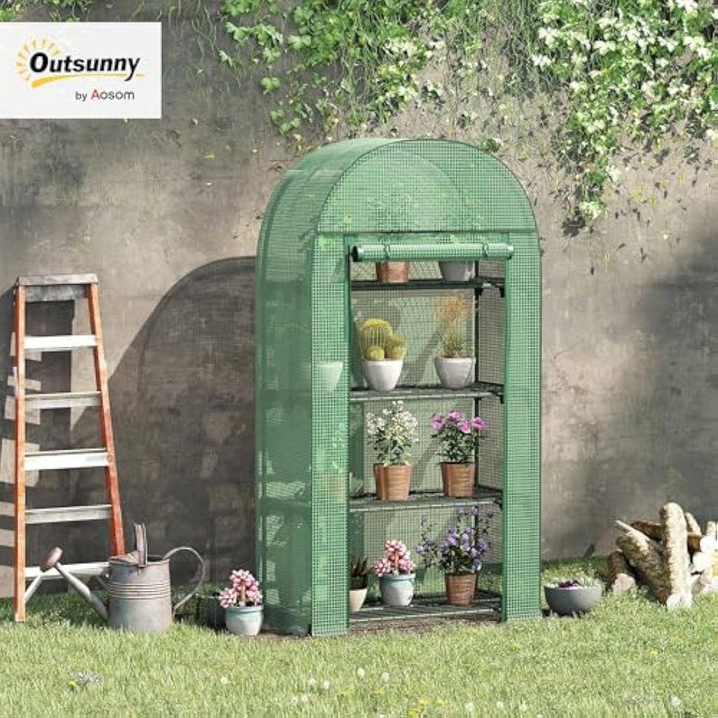 Outsunny 4 Tier Mini Greenhouse | Portable PE Plant House with Metal Shelves