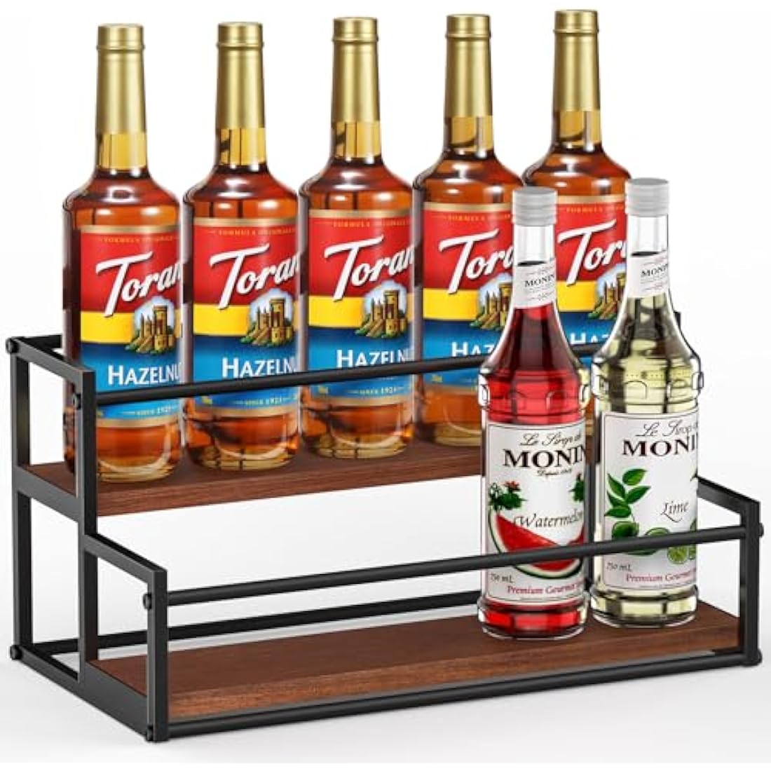 THYGIFTREE 2-Tier Coffee Syrup Rack – 10 Bottle Metal & Wood Organizer