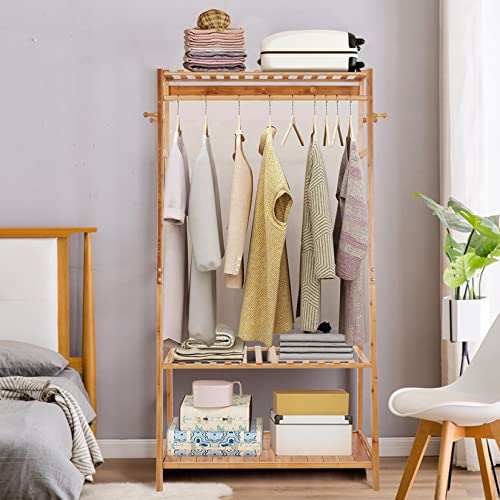 unho Bamboo Garment Rack - Free Standing Clothes Rail with 3 Shelves
