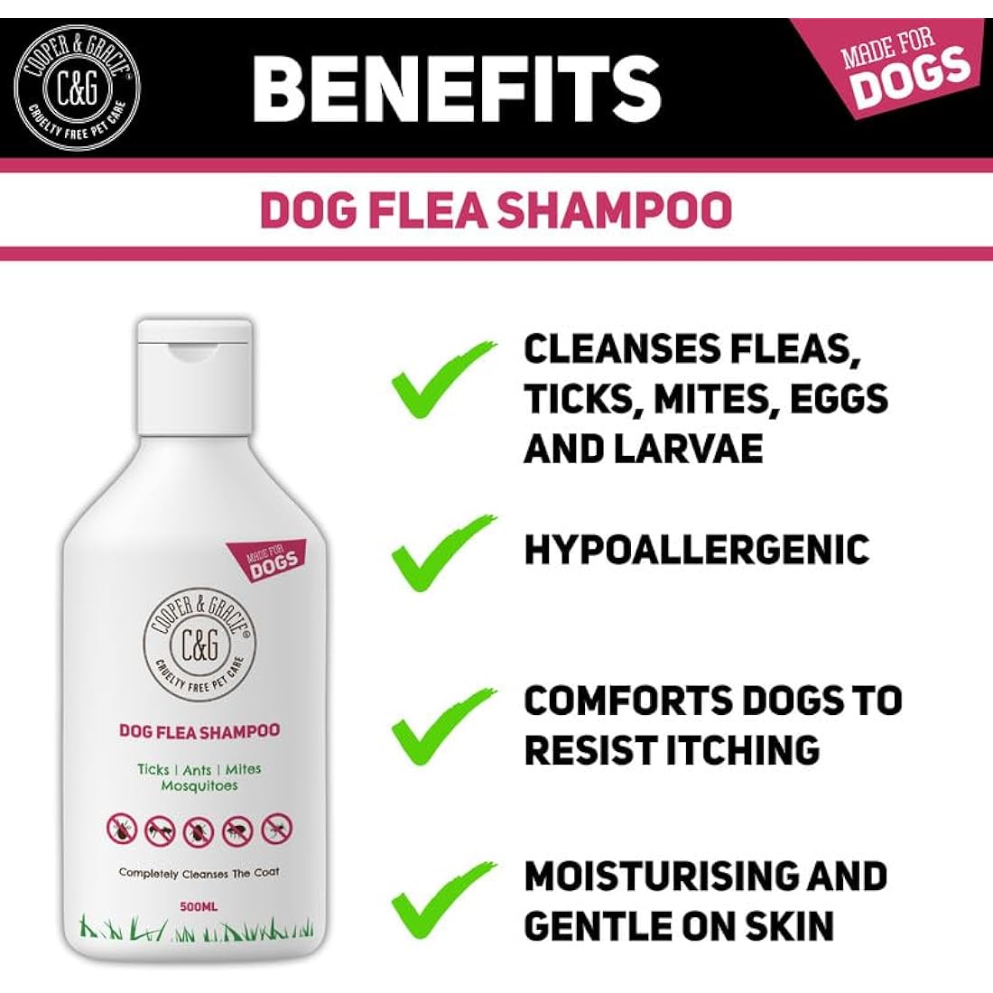 Cooper and Gracie Dog Flea & Tick Shampoo – Medicated 500ml Cleanser