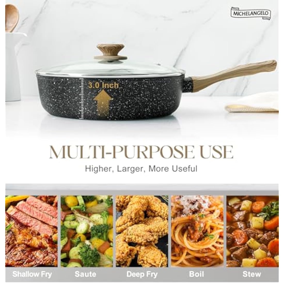 Michelangelo 28cm Non-Stick Deep Frying Pan with Lid | Induction Saute Pan