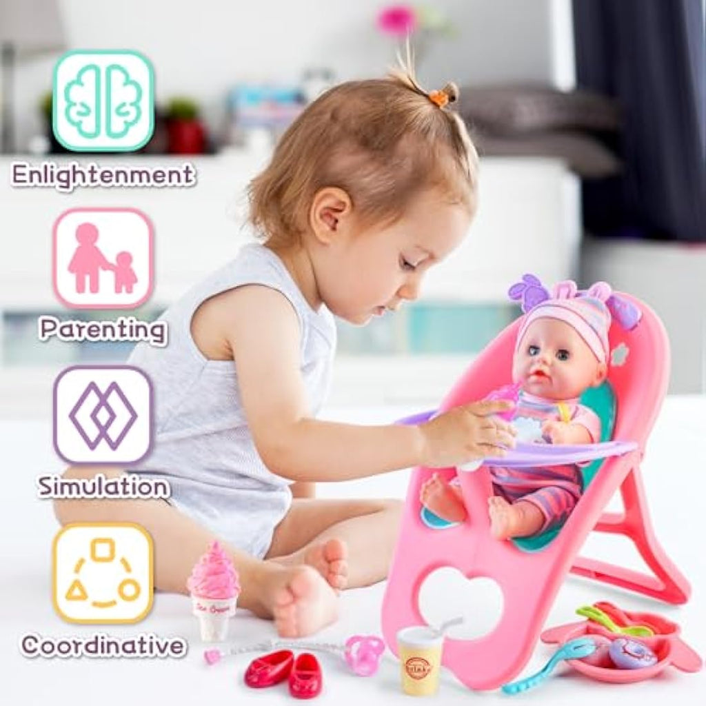 deAO My First Baby Doll Play Set – 21 Piece Toy Set with Crib & High Chair