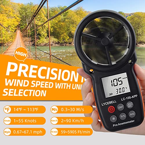 LYCEBELL Handheld Digital Anemometer | Bluetooth Wind Speed Meter with APP