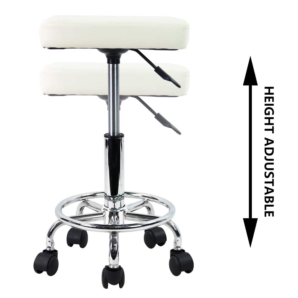 KKTONER Square Rolling Stool PU Leather Height Adjustable Swivel Massage SPA Salon Stools Task Chair with Wheels White