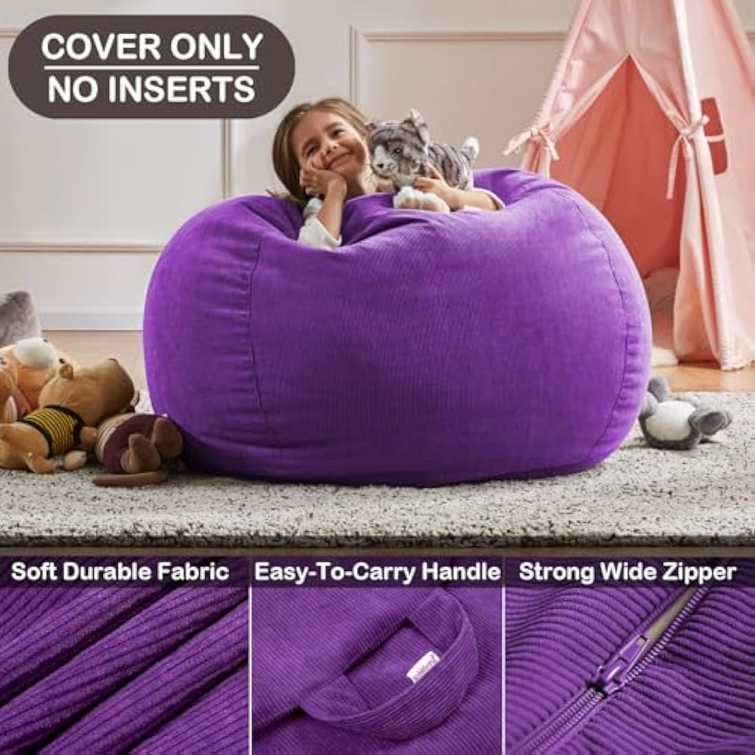 Nobildonna Corduroy Bean Bag Chair Cover – 300L Storage (Ultra Violet)