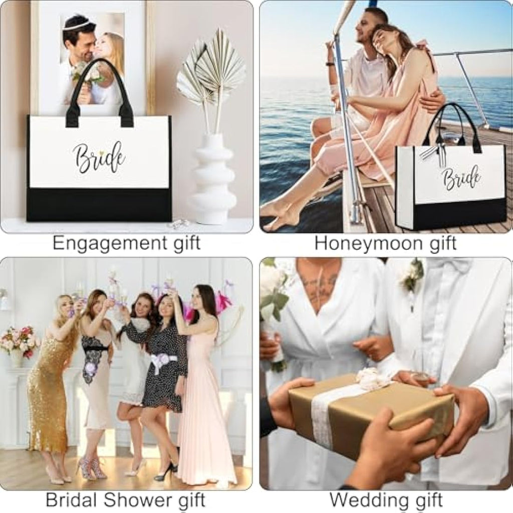 Bride Canvas Tote Bag with Makeup Bag – Black and White
