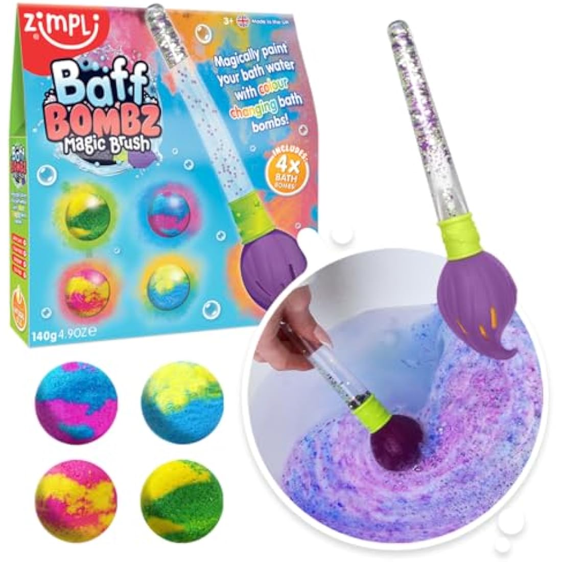 Zimpli Kids Baff Bombz Magic Brush - 4 Pack Vegan Bath Bombs for Kids