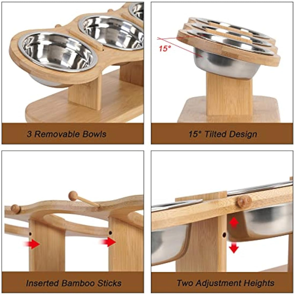 Raised Cat Feeding Station – 3 Stainless Steel Bowls & Bamboo