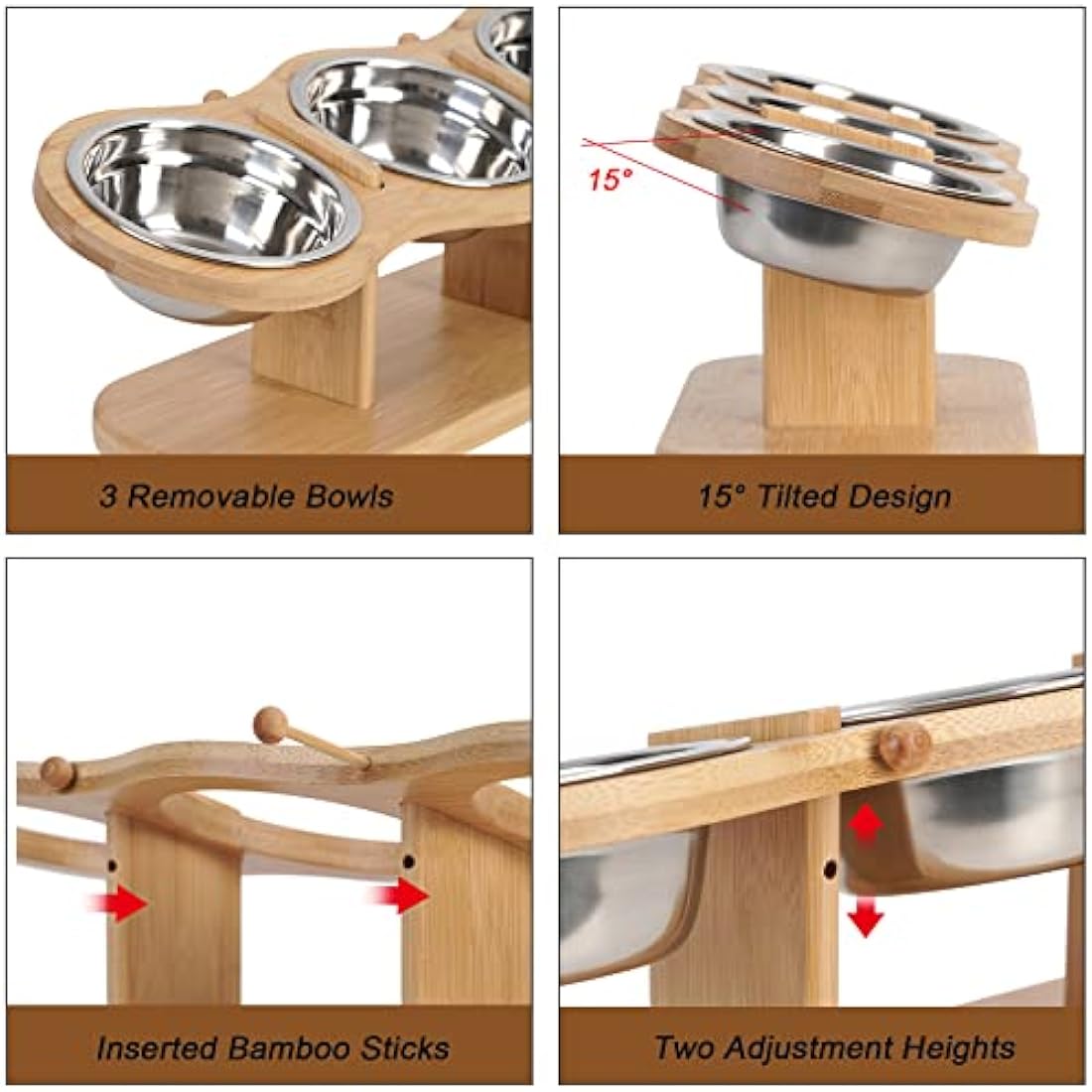 Raised Cat Feeding Station – 3 Stainless Steel Bowls & Bamboo