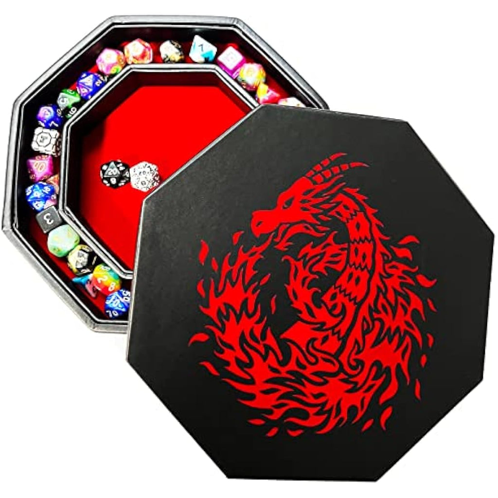 Fire Dragon Octagon Dice Tray with Lid – Red Vegan Leather