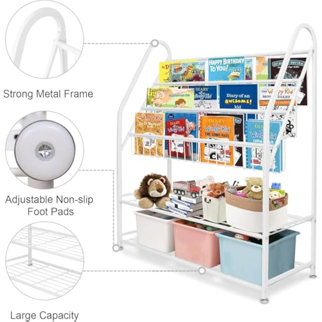 Kids Bookshelf – Metal Book and Toy Storage Organizer, White