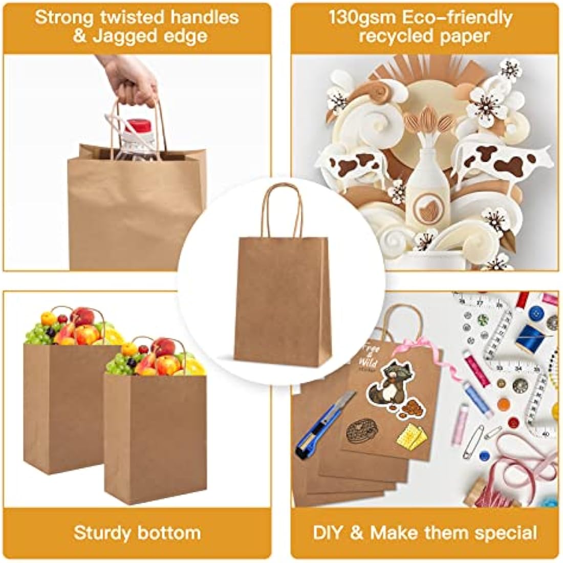 HAUSPROFI 25pcs Kraft Paper Gift Bags with Handles - 130gsm Brown