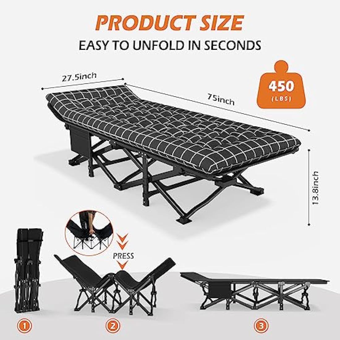 ATORPOK Heavy Duty Camping Cot with Cushion | Portable 450lbs Bed