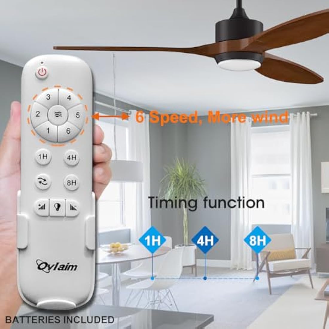 Ovlaim 132cm Wood Ceiling Fan with Dimmable LED Light & Remote Control