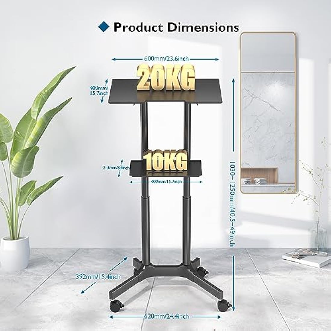 BONTEC Mobile Laptop Desk – Adjustable Rolling Standing Desk with Wheels
