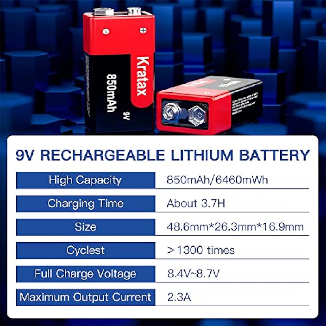 Kratax 9V Rechargeable Li-ion Battery | 850mAh High Capacity | 2 Pack