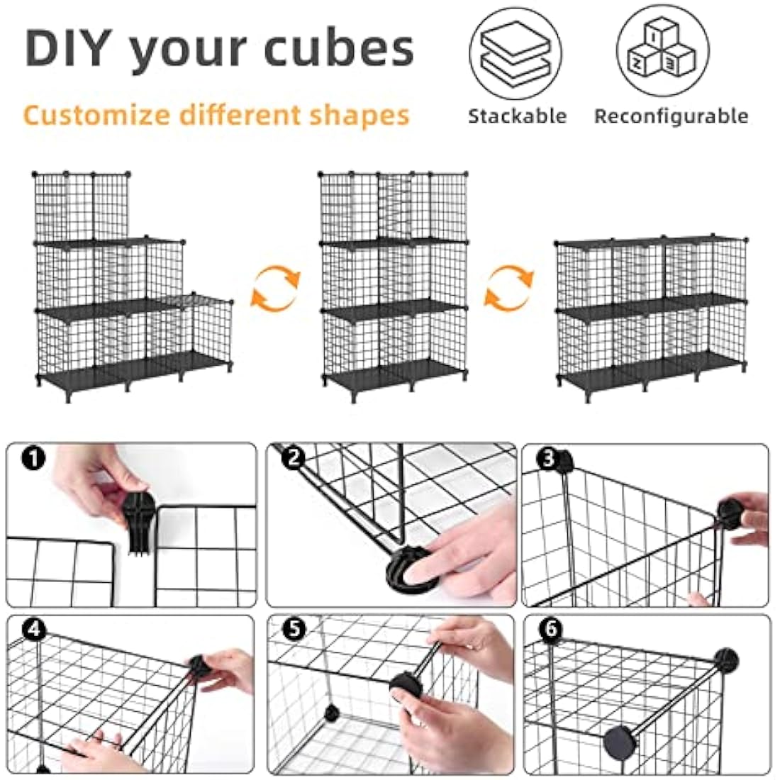 AWTATOS 6-Cube Wire Storage Shelves | Modular DIY Bookcase - Black