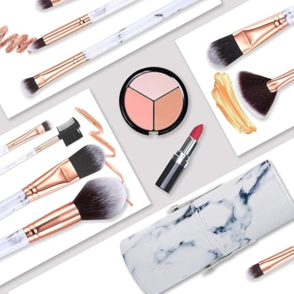 DUAIU 15-Piece Marble Makeup Brush Set with Storage Bucket | White