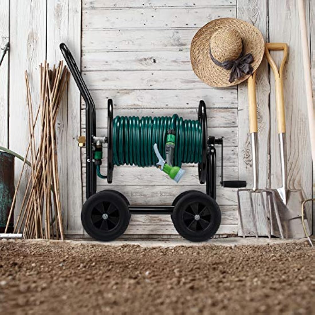 Relaxdays Metal Garden Hose Cart – 4-Wheel Mobile Reel for 60m Hose