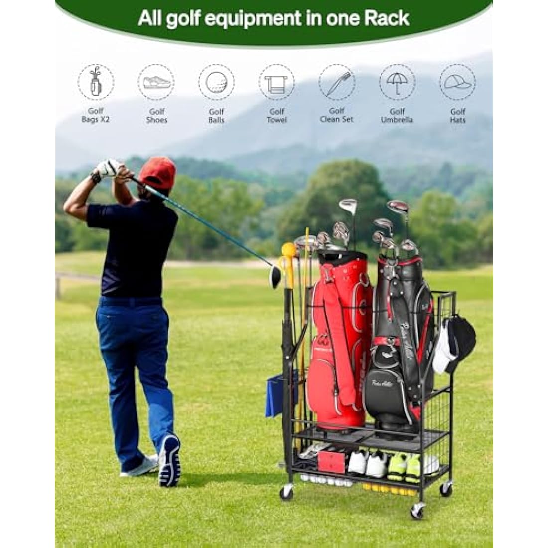 FHXZH Golf Bag Storage Rack – Extra Large Steel Garage Organizer with Wheels