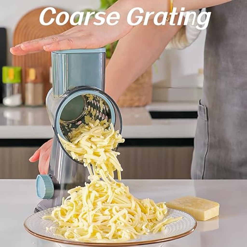 LacusMare Rotary Cheese Grater | 3-Blade Vegetable Slicer & Shredder, Gray