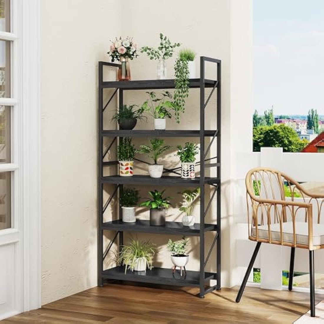 Jolof Store 5-Tier Industrial Bookcase – Rustic Wood and Metal Shelf