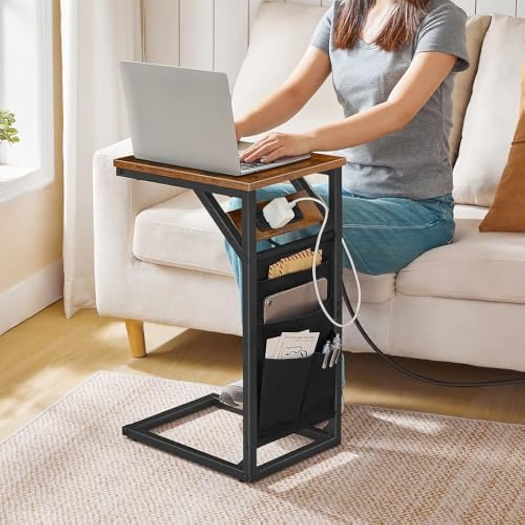 HOOBRO C-Shaped Side Table with Charging Station and Storage Bag