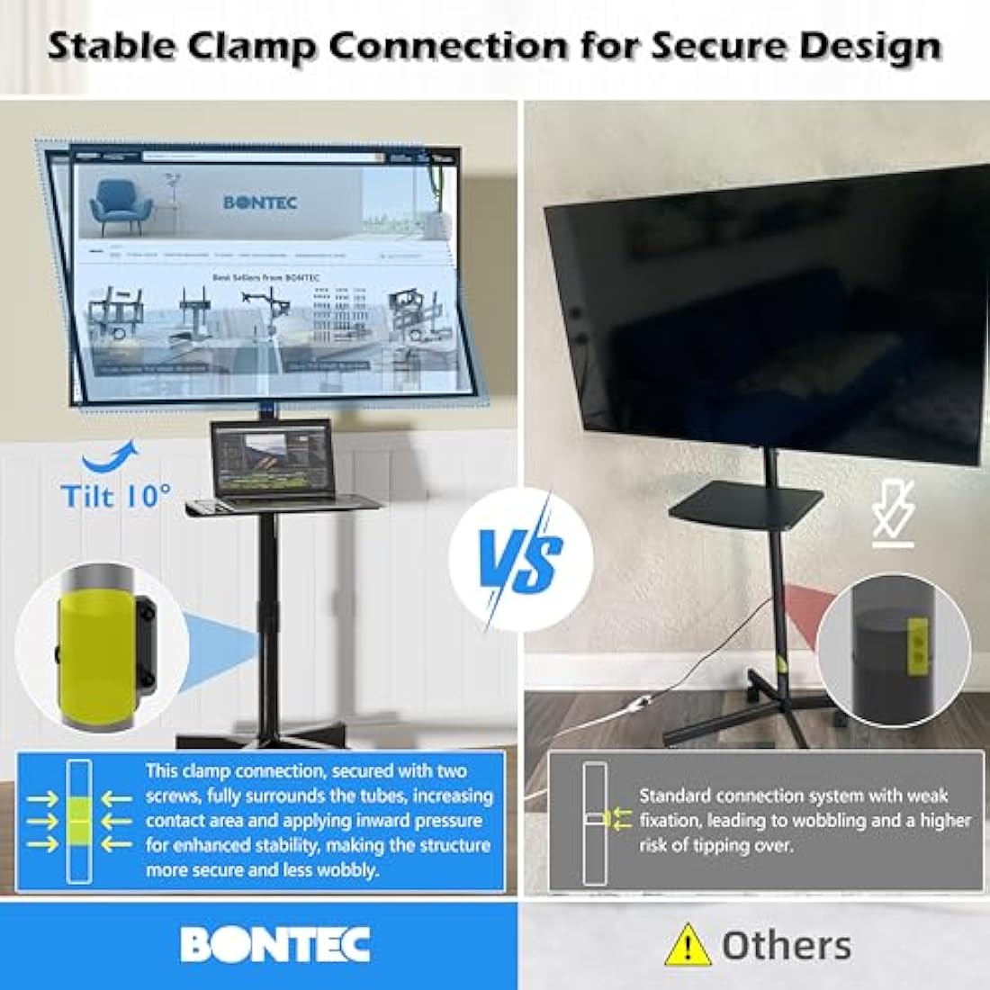 BONTEC Mobile TV Stand | Rolling TV Cart with Shelf for 23–60in TVs