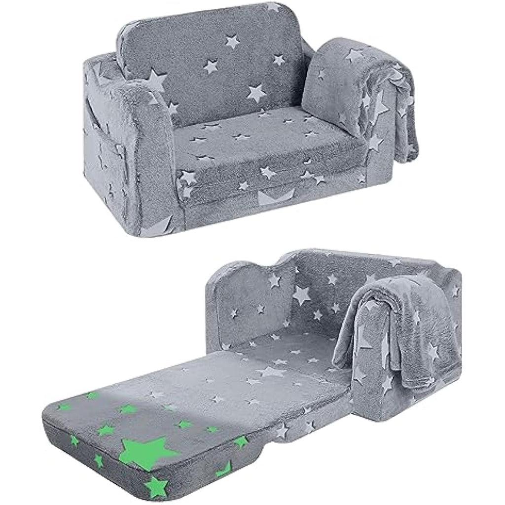 MeMoreCool Kids Fold Out Couch – Glow in The Dark Plush Toddler Sofa, Grey