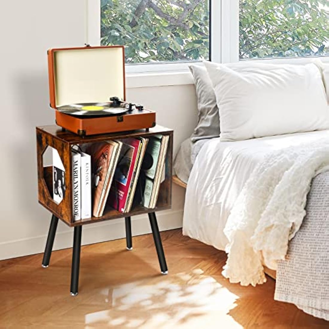ikkle Rustic Record Player Stand – Wood Vinyl Storage Cabinet with Metal Legs