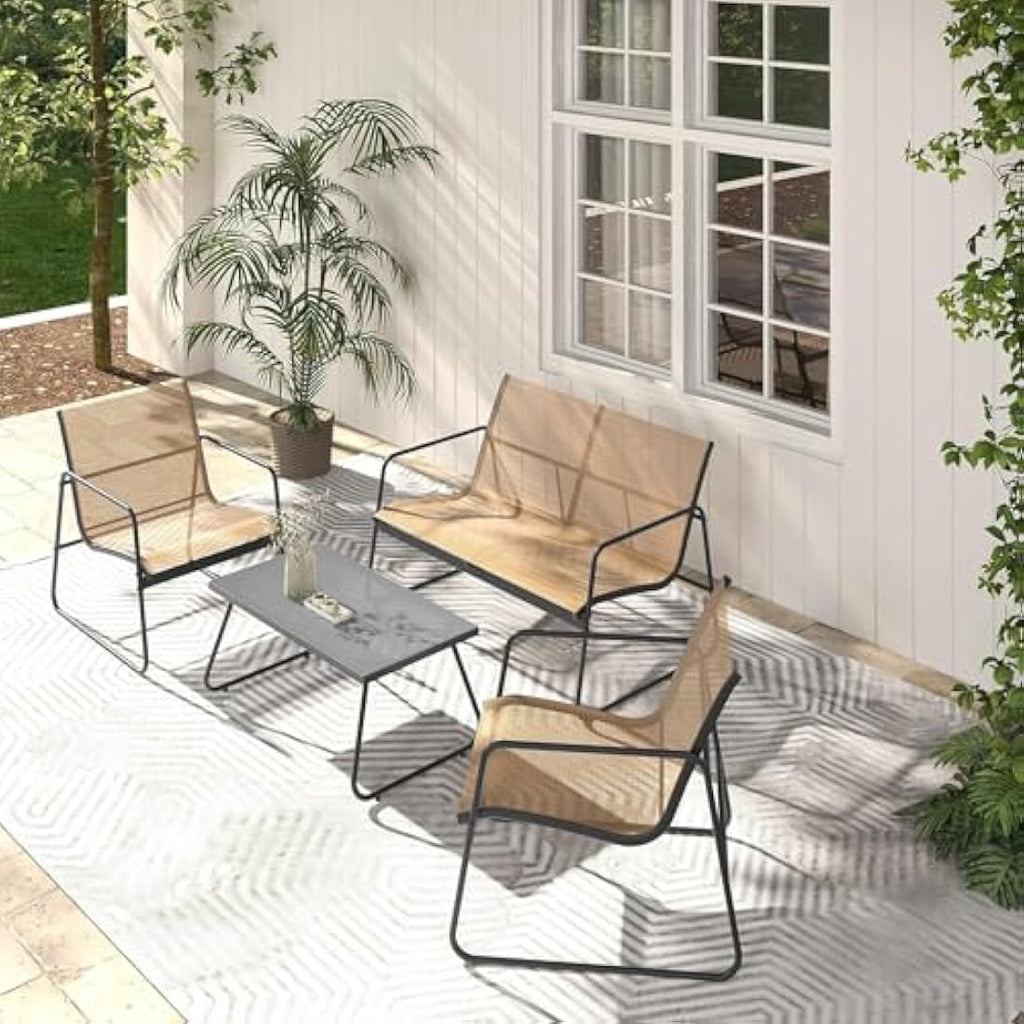 4-Piece Outdoor Patio Furniture Set | Mesh Sling & Steel – Brown