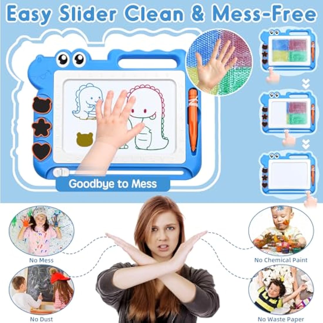AiTuiTui Dinosaur Magnetic Drawing Board | Erasable Toddler Doodle Toy – Blue