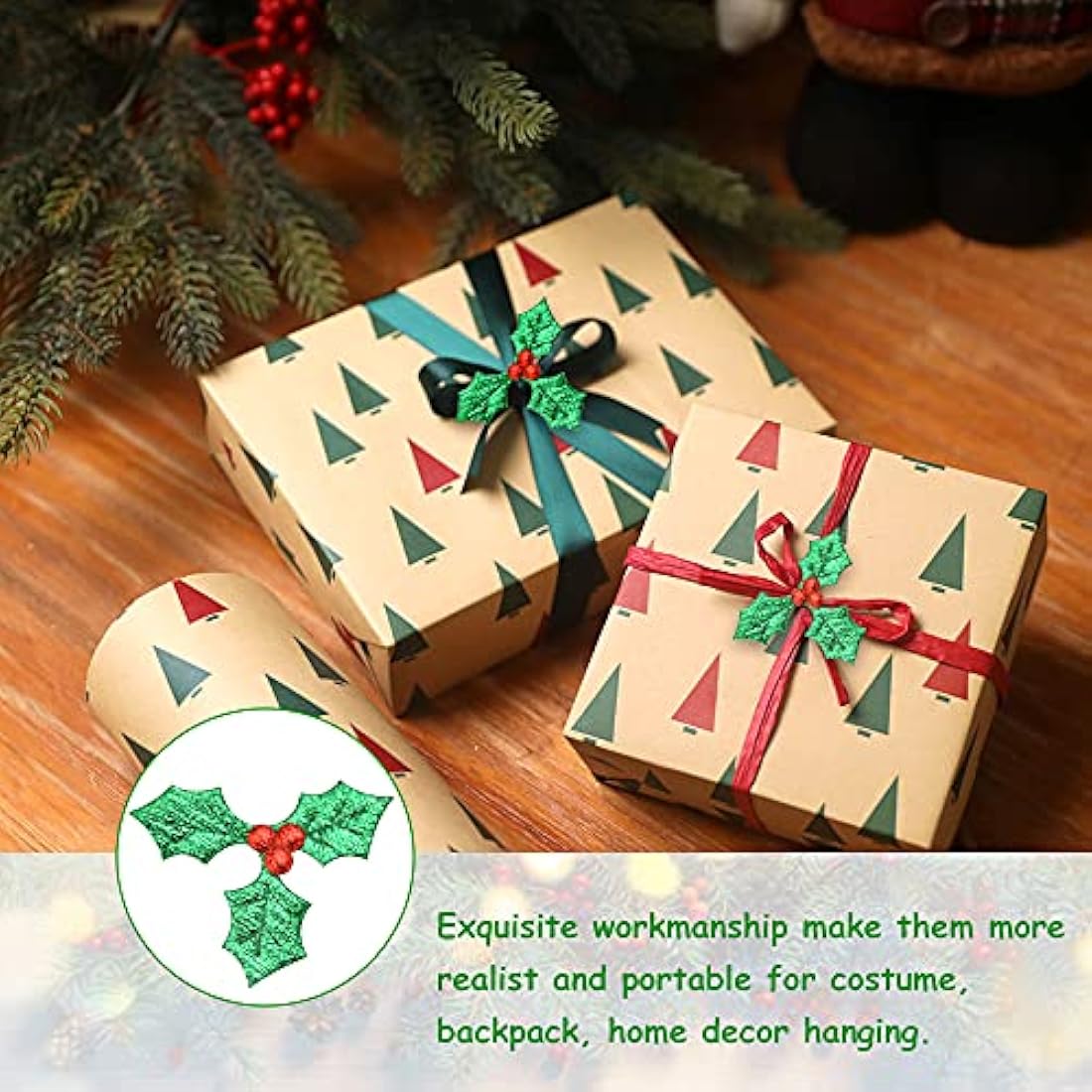 100 Pcs Artificial Holly Berry Leaves for Christmas Crafts
