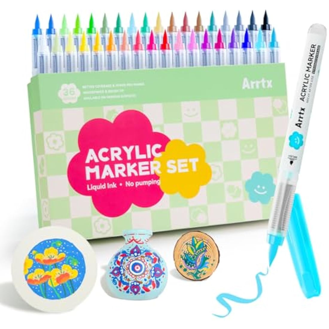 Arrtx 36 Colors Acrylic Paint Pens | Waterproof Brush Tip Markers