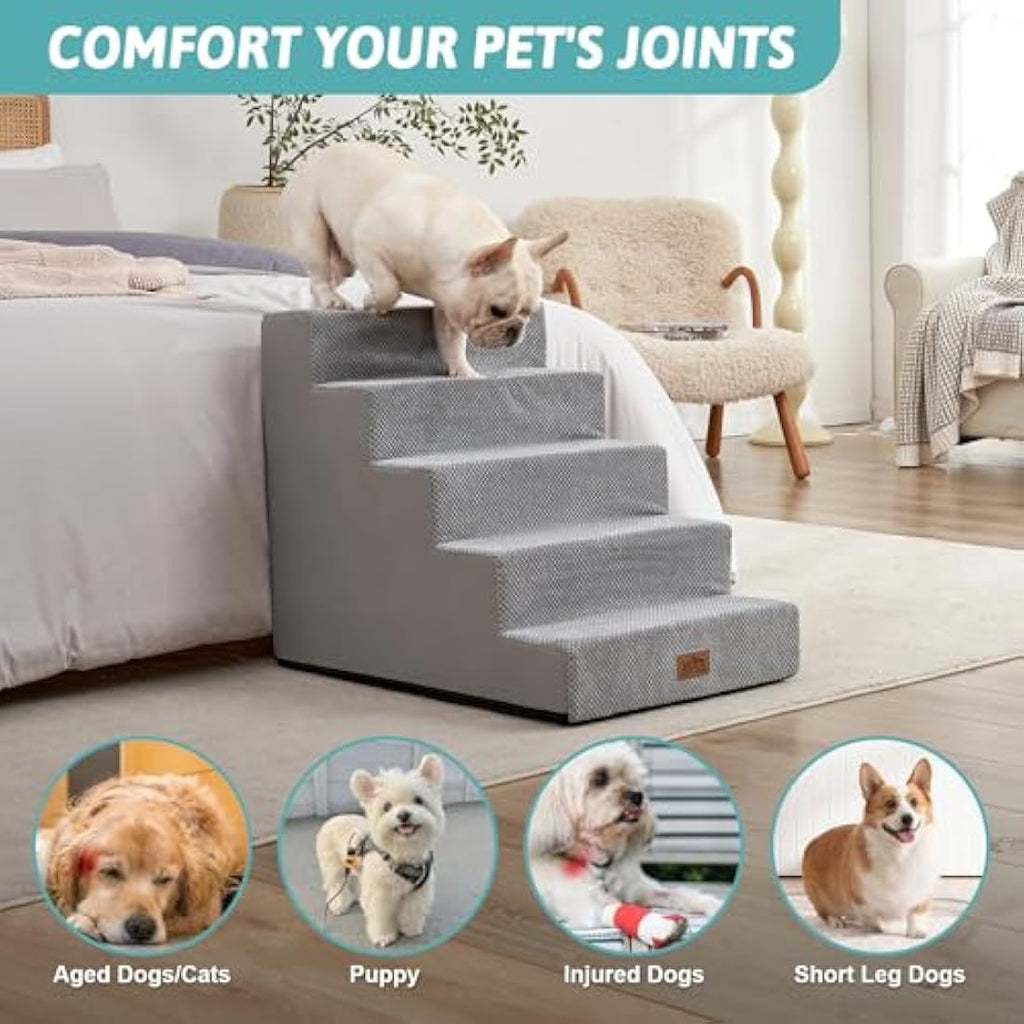 COZY KISS 5-Tier Wide Foam Dog Stairs for High Beds – Non-Slip Grey