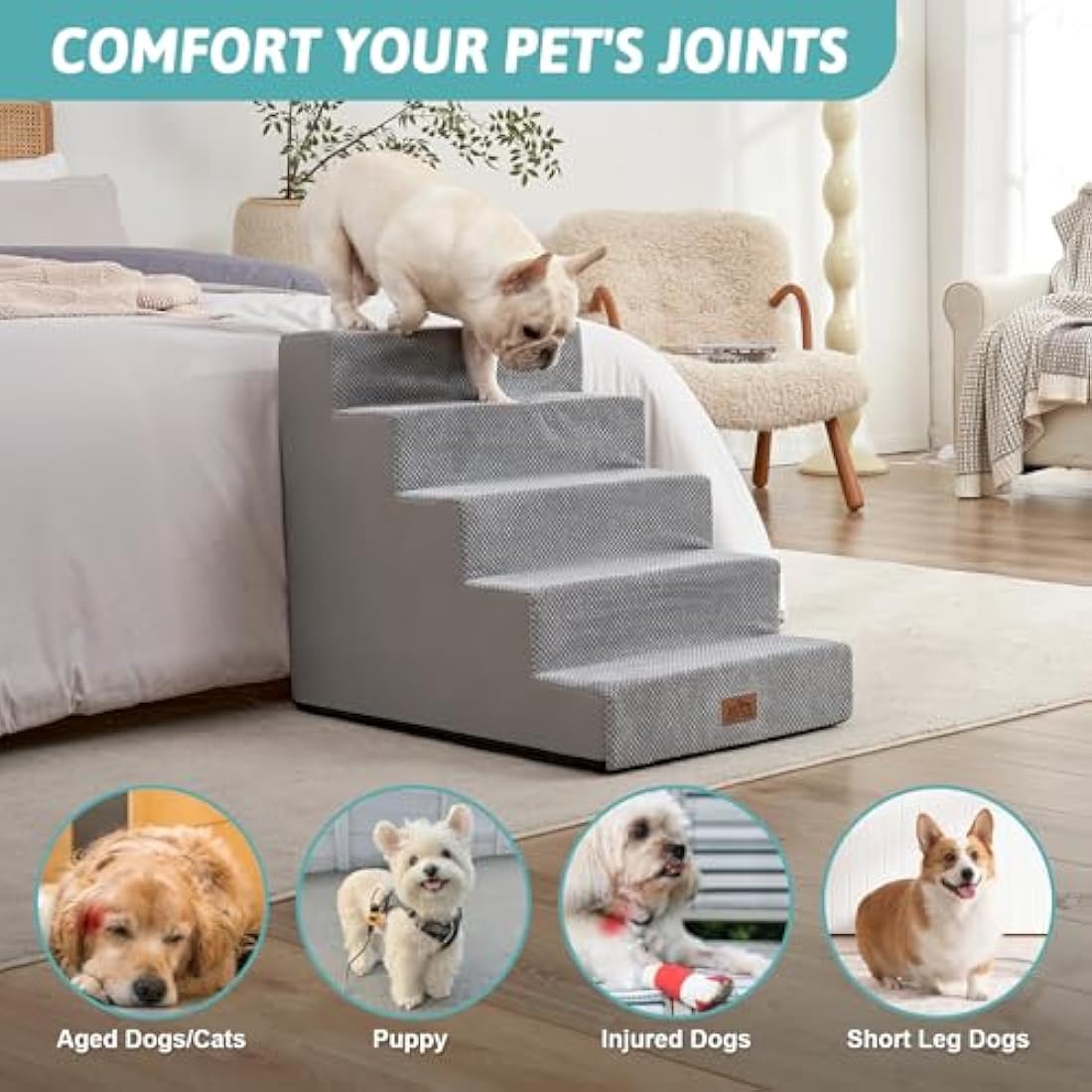 COZY KISS 5-Tier Wide Foam Dog Stairs for High Beds – Non-Slip Grey