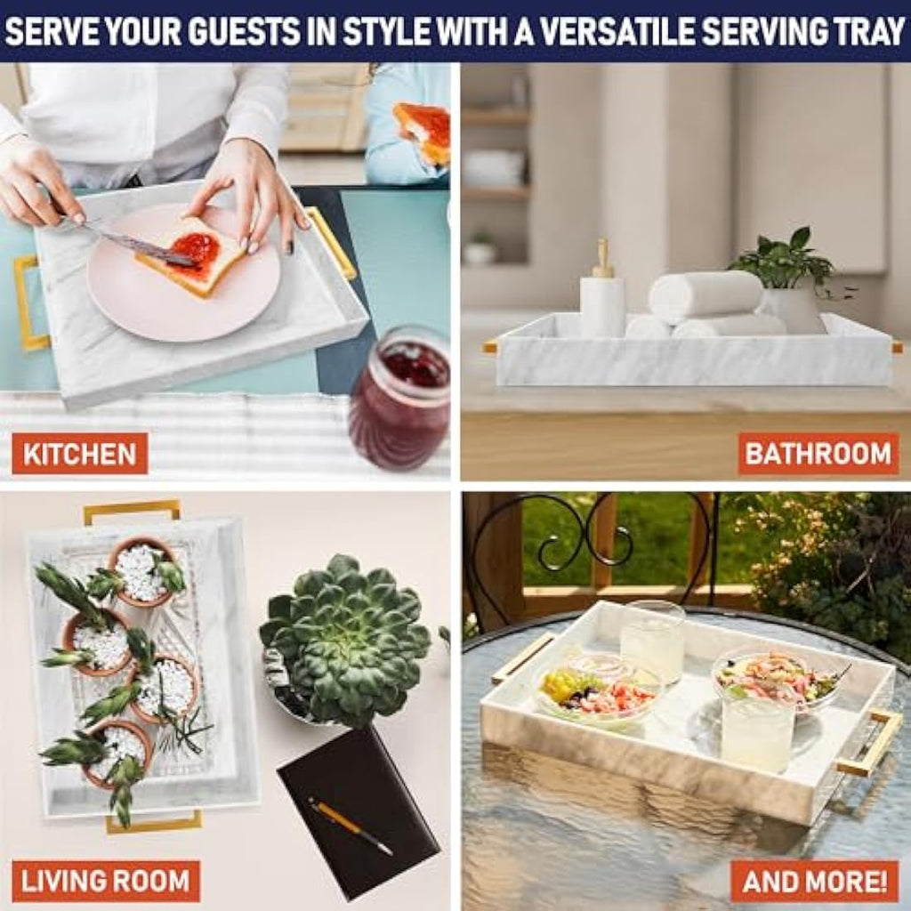 Marble Acrylic Serving Tray with Gold Handles - 16" x 12"