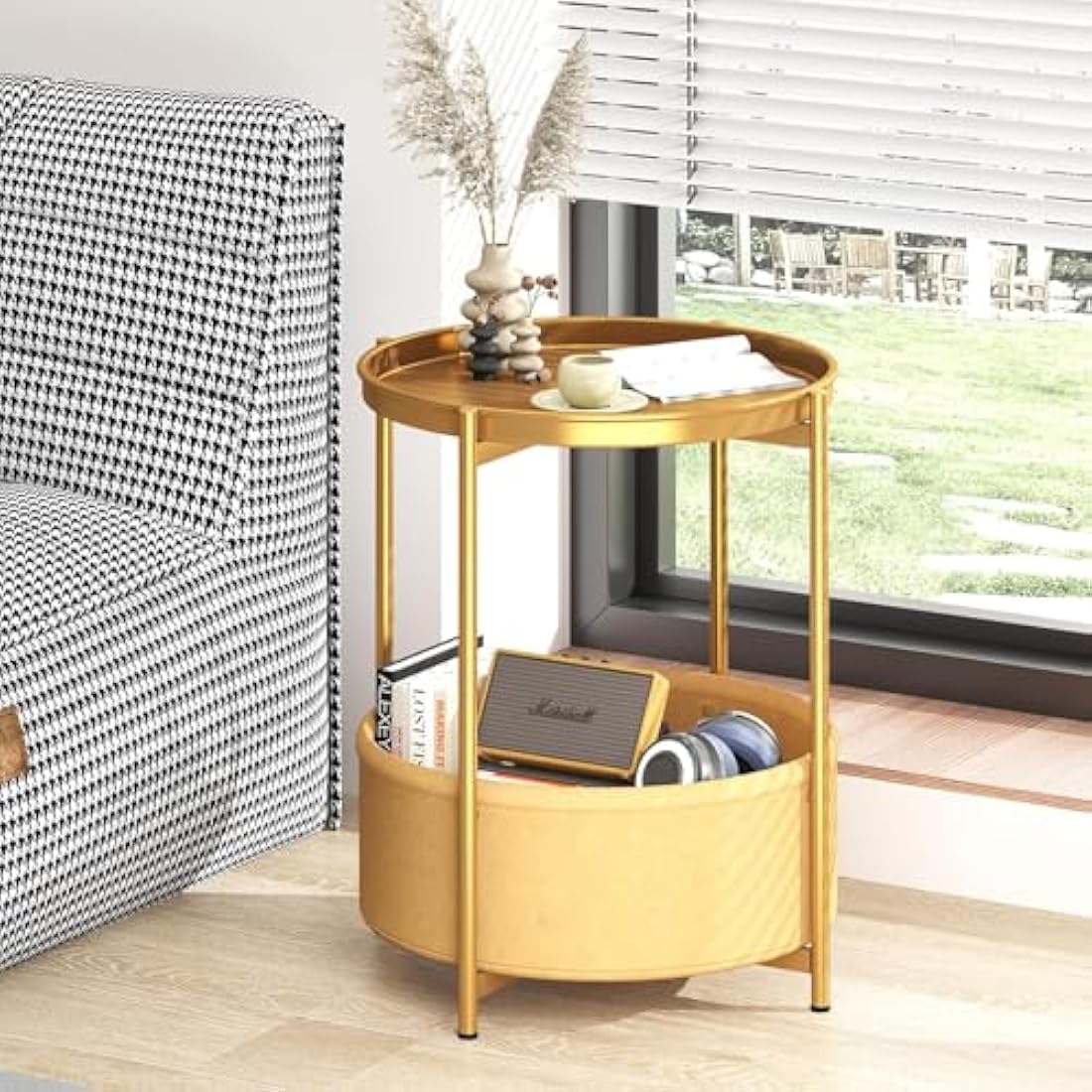 Huhote Round Side Table – Metal End Table with Storage Basket, Gold
